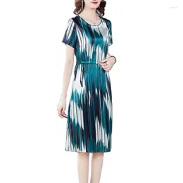Party Dresses Summer High-grade Silk Dress 2024 Round Neck Elegant Long Loose Slim Striped Temperament Casual Skirt