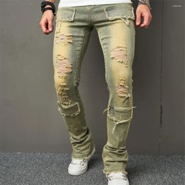 Men's Jeans Vintage Style Men Streetwear Holes Spliced Slim Trousers Hip Hop Stylish Distressed Stretch Denim Pants For Male