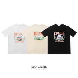 Rhude High end designer T shirts for Meichao Sunset Beach Pleasant Pattern Printed Double Yarn Casual Short Sleeve T-shirt for Men and Women With 1:1 original labels