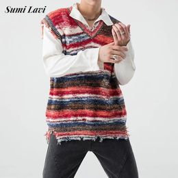 Vintage Y2K Mens Sleeveless Sweater Colourful Striped Crochet Ripped Knit Tank Tops Men Street Fashion Loose V Neck Vest Knitwear 240515