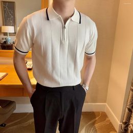 Men's Polos 2024 Summer Men Short Sleeve Zipper Polo Shirt Business Casual Striped Tops Tees Male Lapel Knitted T-shirt D657