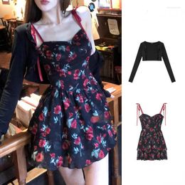 Work Dresses Sweet Black 2 Piece Dress Sets Women Casual Floral Mini Caidigan Blouse Bodycon Korean Fashion Suits Japanese Kawaii