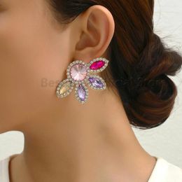 Stud Earrings Geometric Flower Shape Shiny Glass Piercing For Women Europe America Trendy Exaggerated Ear Studs Party Elegant Jewelry