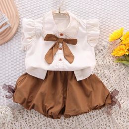 Clothing Sets Children Summer Baby Girls Clothes Flying Sleeve Tie T Shirt Short 2Pcs/Set Toddler Fashion Suit
