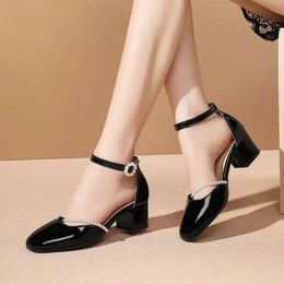 String Bead Women Woman Summer Sandals Square Thick Mid Heels Buckle Strap Cover Round Toe Pu L 6a0