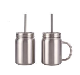 17oz Mason Jar Bottle Double Wall Vacuum insulation Coffee Mug Stainless Steel Tumblers with Handle Metal Straw and Lid5547155