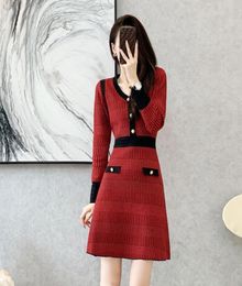 Women039s Oneck Single Breasted Long Sleeve Hound Tooth Grid Strick Aline Slim Taille Kleid SMLXL2590740