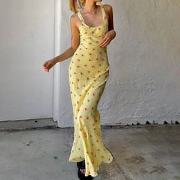 Dresses Women Summer Backless Sexy Sleeveless Yellow Print Maxi Dress Sweet Pullover Elegant Casual Strappy ALINE 240513