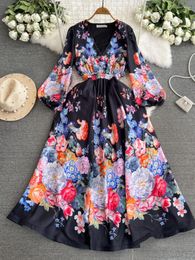 Casual Dresses Holiday Beach Vestidos V Neck Floral Printing A-line Summer Dress Puff Sleeve Elastic Waist Long 2024 Retro Drop