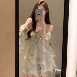 Casual Dresses Chiffon Dress For Women Long Sleeve Party French Fairy Elegant Floral Ruffles Square Collar Spring Summer Shirt Y2k