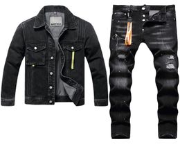 Personality Tracksuits Black Men039s Jeans Sets Spring Summer Side Seam Pocket Denim Jacket and Ripped Hole Paint Splash Stretc1433275