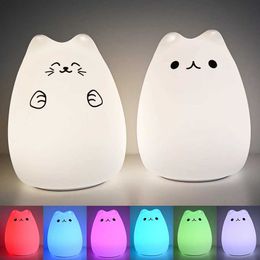 Lamps Shades Colorful LED Night Light Animal Cute Cat Silicone Soft Breathing Cartoon Baby Nursery Lamp for Children Kid Gift Dropship Y240520U2UL