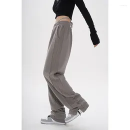 Women's Pants Sports High Waist Straight Baggy Slit Trouser Street Vintage Casual Summer Wide Leg Drawstring Design Sweat