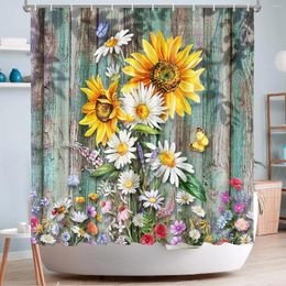 Shower Curtains Sunflower Butterfly Watercolor Daisy Floral Plants Leaves Highland Cow Wooden Plank Bathroom Decor With Hooks