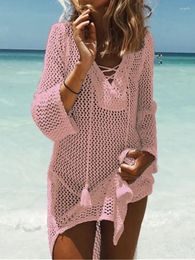 Arrivals Pink Sexy Beach Cover Up Crochet Swimwear Dress Ladies Bathing Suit Ups Tunic Saida De Praia #Q188