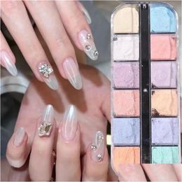 Nail Glitter 2024 12 Colors Aurora Powder Pigment Mirror White Iridescent Fairy Fine Chrome Reflective Rubbing On Dust Manicure Decor- Dh5Wa