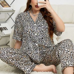 2024 Summer simulation silk black panther print oversized pajamas for women's fashion casual pajama set sexy women's home clothing