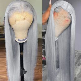 150% Density 13x4 frontal Wig Silky Straight Grey colored with Baby Hair Around Glueless Virgin Human Hair