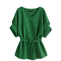 Women's Blouses V Neck Cotton And Linen Short Sleeved Shirt Bat Sleeves Large Size Loose Waisted Plain T Shirts Women