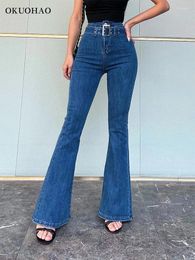 Women's Jeans Womens High Waisted Bell Bottom Denim Rise Flare Jean Pants With Wide Leg Belt Elastic Skinny Slim Y2K Trousers