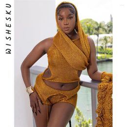 Women's Tracksuits Two Piece Set Women Knitted Outfits Sexy Sleeveless Cut Out Hooded Crop Top High Waist Shorts 2024 Summer Birthday Y2K