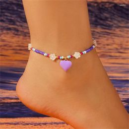 Anklets Vintage Handmade Flower Beaded For Women Girls Sweet Enamel Love Heart Pendant Ankle Bracelet Summer Beach Jewelry