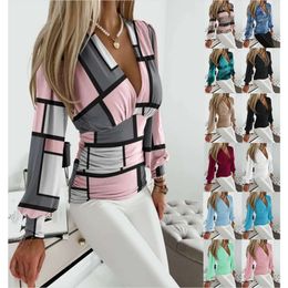 2024 Autumn Long sleeved Fashion V-neck Printed Shirt Women's Wear F52027