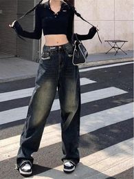 Women's Jeans Dark Blue Summer Streetwear Street Vintage Young Girl Bottoms Casual Trousers Female Straight Baggy Denim Pants