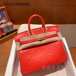 Ostrich Handbags BK Tote Bag Leather 5a Genuine Handswen Tomato Red Rj