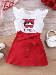 Clothing Sets Girls Summer Fashion Street Trendy Set Valentine's Day Love Print T-Shirt Red Skirt