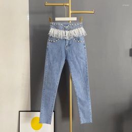 Women's Jeans Fur Women Beading Spring Autumn Woman High Waist Pencil Denim Pants