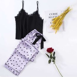 2024 Imitacja jedwabna piżama, czarny szkielet dla kobiet, set fioletowych spodni, wiosenny i letni rękaw wygodny zestaw odzieży domowej dwuczęściowy