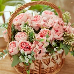 Decorative Flowers 26cm Pink Silk Rose Artificial Bouquet For Cemetery Wedding Retro Peony Fake Floral Bridal Handheld Decoration
