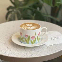 Mugs INS Tulip Ceramic Cup And Saucer 250ml Creative Coffee Cups For Home Office Cute Couple Handle Drinkware Birthday Gifts
