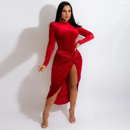 Work Dresses Fashion Red Velvet Two Piece Skirt Set Women Sexy Long Sleeve One Bodysuit And Ruched Side High Split Irregular Suit