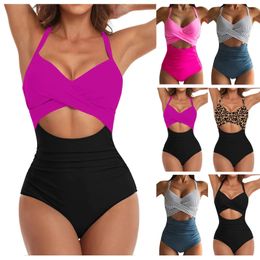 Womens Colourful Sexy Hollow Cross Halter Bikini Beach Swimsuit With Chest Pad Without Steel Bra 240520