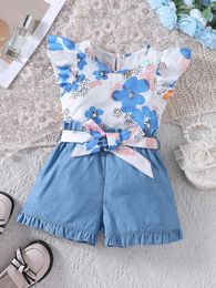 Clothing Sets Girls new summer fashion two-piece set casual sweet printed small flying sleeve top + shorts set distribution belt Y240520V0JX