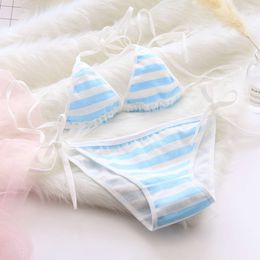 Japan Sexy Lingerie Lolita Kawaii Blue Pink White Striped Mini Bikini Adult Cosplay Women Bra Underwear Set Frenum Swimsuit L2405