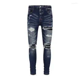 Men's Jeans Street Fashion High Quality Retro Deep Blue Elastic Slim Fit Split Leather Panel Designer Hip Hop Brand