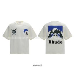 Rhude High end designer T shirts for 2024 Summer Fashion Snow Mountain Ski Print Short sleeved T-shirt With 1:1 original labels