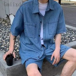 Men's Tracksuits Summer Thin Denim Suit Men Handsome Washed Short-sleeved Shirt Three-quarter Pants Casual Versatile Niche Fashion Two-piece