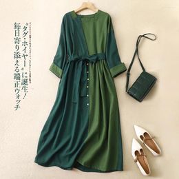 Casual Dresses Limiguyue Green Contrast Color Patchwork Dress Women Cotton Linen Spring Autumn Long Lace Up A-Line Causal Vestidos E485