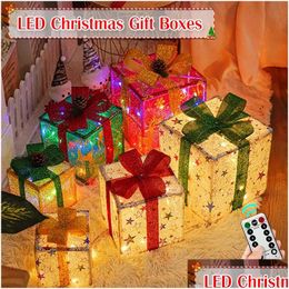 Christmas Decorations 3Pcs/Set Light Up Present Boxes With Bows And Led Box Case Ornaments Xmas Tree Decor Home Theme Party Supplies Dhj2G