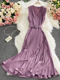 Casual Dresses Vintage Long Dress Women Summer Sleeveless Maxi Party Female Pleated Skirt Lady Office Vestidos Robe