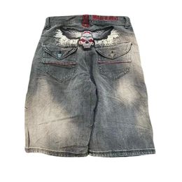 Y2K American Skull Embroidery Vintage Jeans Shorts Summer Street Fashion Denim Short Mens Harajuku Punk Gothic Loose Jeans 240516