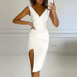 Casual Dresses Solid Split Spaghetti Strap V-ncek Short Woman Dress Sexy Slim Waist Sleeveless Female Stylish Office Lady Vestidos