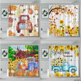 Shower Curtains Fall Sunflower Curtain Farm Pumpkin Watercolor Wood Panel Butterfly Harvest Thanksgiving Bathroom