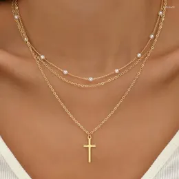 Pendant Necklaces Summer Creative Simple Temperament Lady Pearl Cross Multi-layer Necklace
