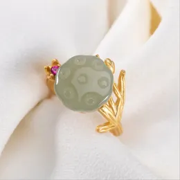 Cluster Rings Inlaid Natural Hetian Jade Lotus Peng For Women Simple Fashion Crystal Design Classic Ancient Gold Crafts Jewellery