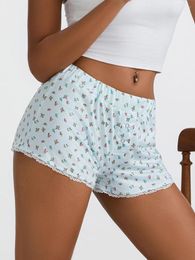 Women's Shorts Women S Floral Casual Slim Fit Striped Lace Trim Elastic Waist Short Pants Summer Lounge